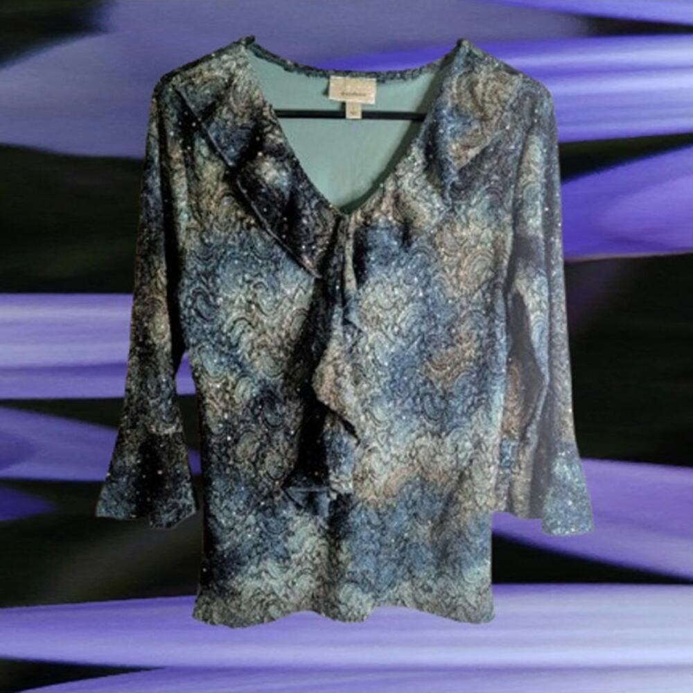 Dressbarn Lg long sleeve lined retro look ruffle accent multi color woman's top